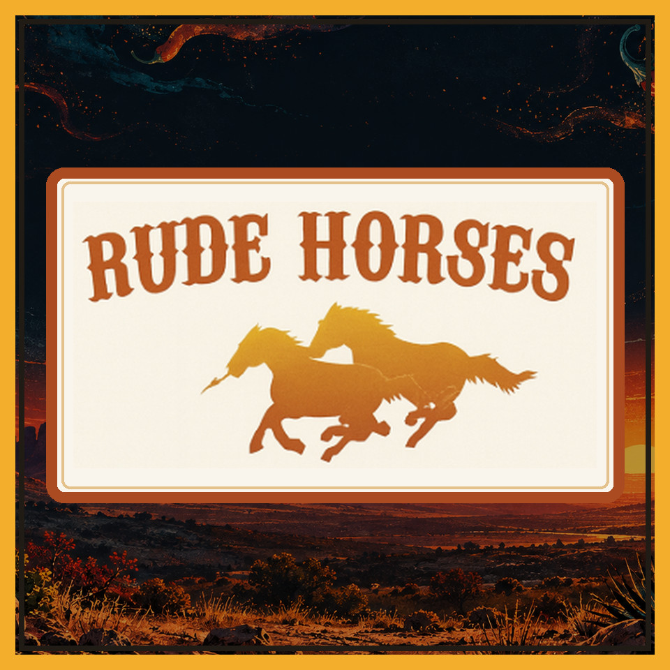 Rude Horses logo over a western sunset